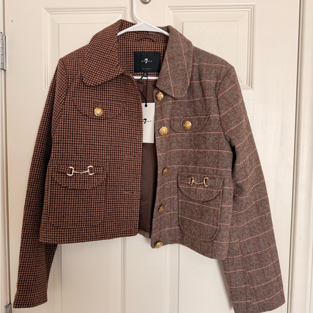 7 For All Mankind Brown Checkered Blazer with Gold Buttons
